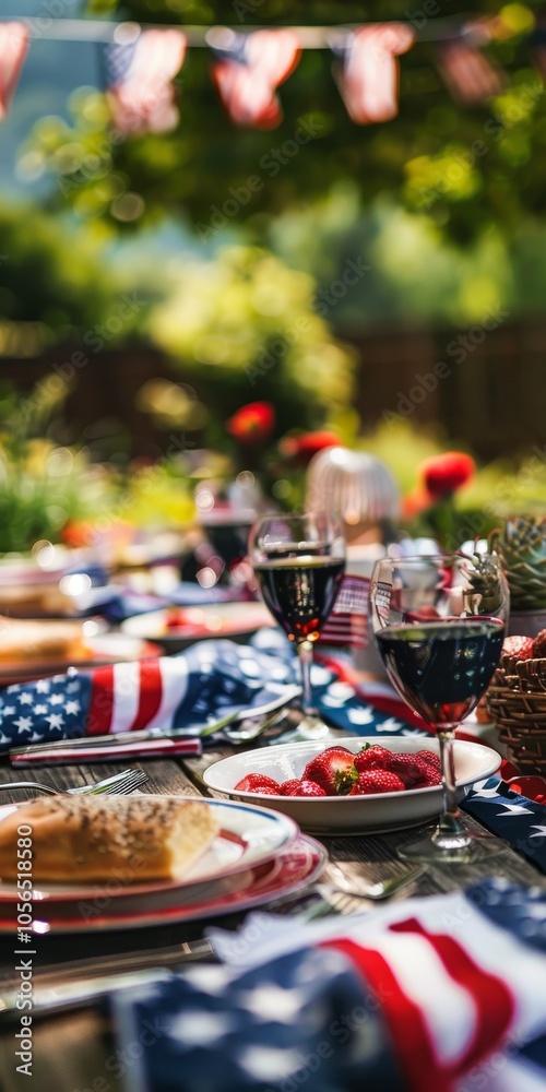 Memorial Day celebration table featuring a centerpiece of American flag bunting. Memorial Day celebration table featuring a centerpiece of American flag bunting.