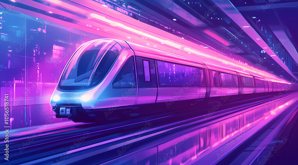 Fototapeta premium A Lo-Fi Monorail Gliding Through a Shimmering Sky: A Unique Vision of Future Transportation