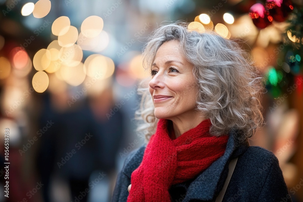 Happy smiling middle aged woman in winter clothes at street Christmas market in Paris	