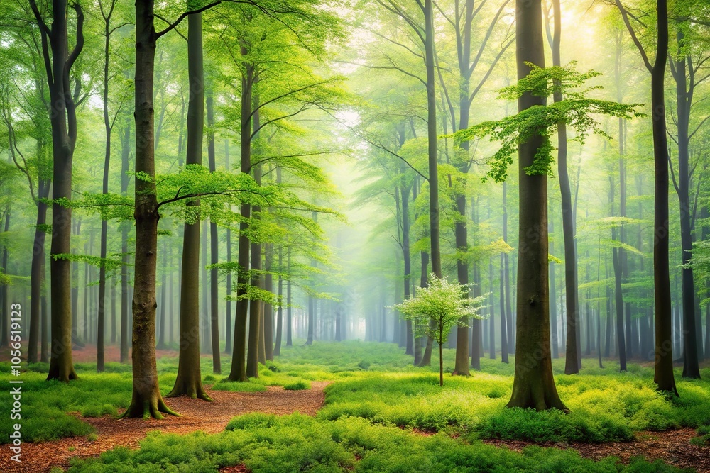 A serene landscape of a forest in the spring with tall trees and misty atmosphere, foggy, atmosphere, tranquility, branches, outdoors
