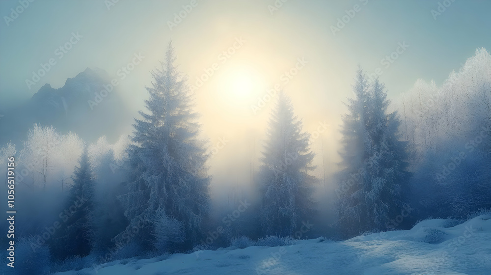 Snowy Mountain Landscape with Fir Trees and Misty Sunrise Snowy Mountain Landscape with Fir Trees and Misty Sunrise