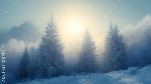 Snowy Mountain Landscape with Fir Trees and Misty Sunrise