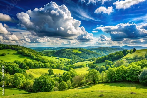 A serene landscape with a light blue sky and fluffy white clouds, set against a backdrop of lush green trees and rolling hills, landscape, peaceful, outdoors