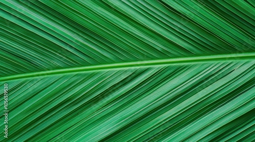 Close up of Lush Green Palm Leaf Texture with Parallel Veins, Nature Background