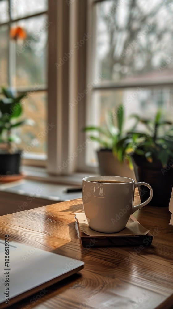 Minimalist morning work setup with coffee cup. Minimalist morning work setup with coffee cup.