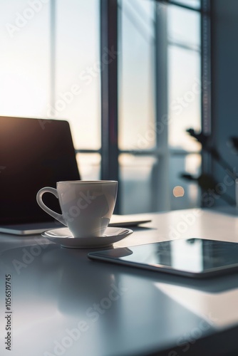 Minimalist morning desk setup with coffee cup.