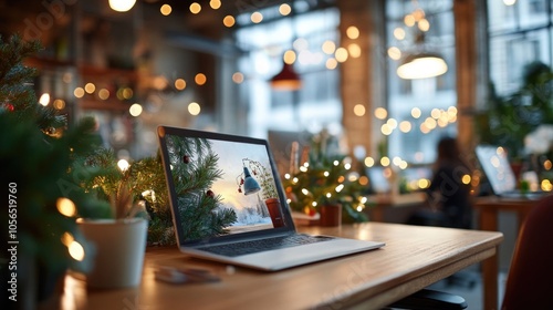 Open office space decorated for Christmas holidays with trees and ornaments, creating warm and festive atmosphere at workplace