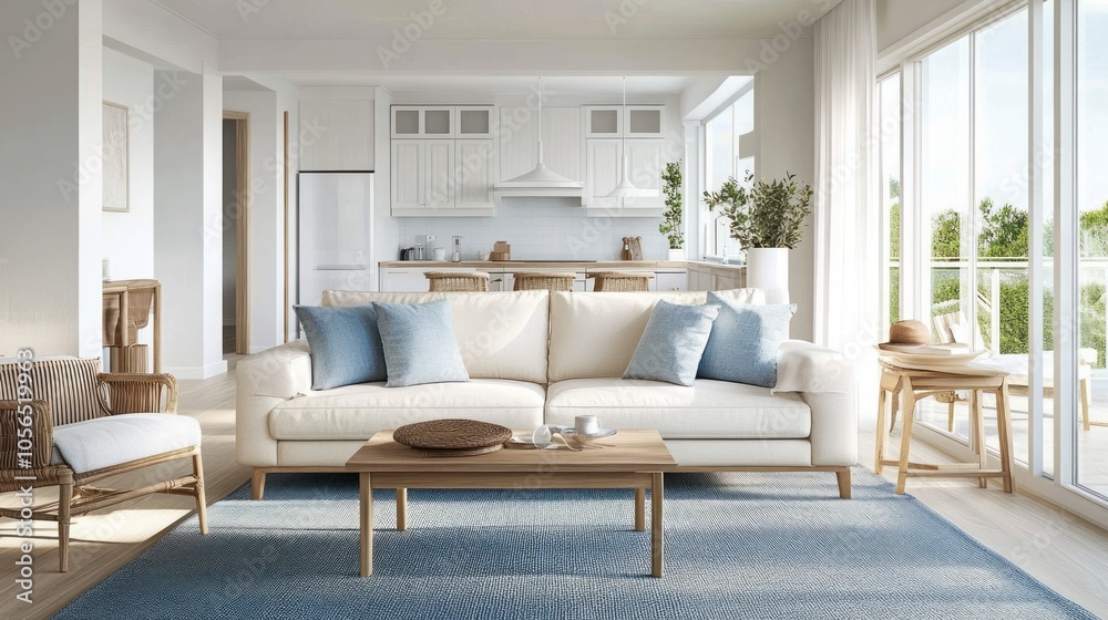 A sleek living room featuring white walls, a beige sofa, and sky blue throw pillows A sleek living room featuring white walls, a beige sofa, and sky blue throw pillows