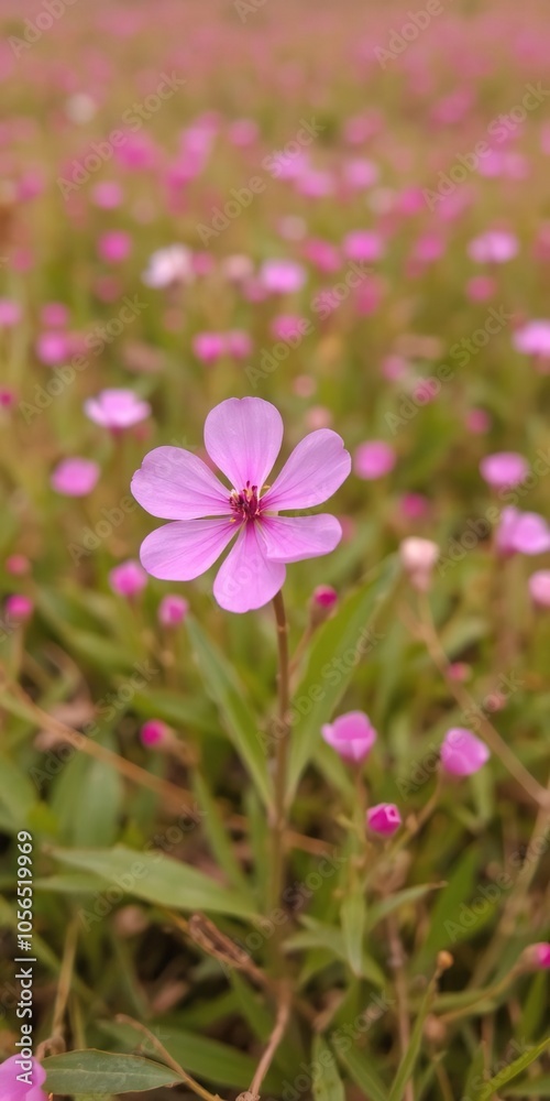 A single pink petal flower with a brown stem stands out in a vibrant field, fresh, garden, meadow A single pink petal flower with a brown stem stands out in a vibrant field, fresh, garden, meadow