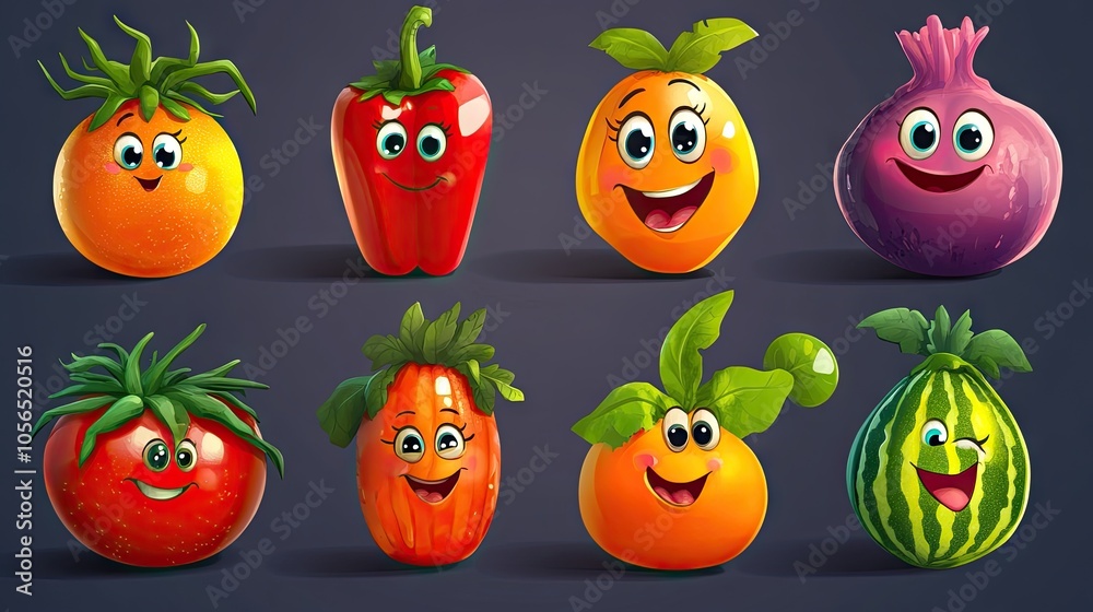Colorful set of cartoon vegetables and fruits with charming faces, conveying playfulness and healthy eating for kids. Colorful set of cartoon vegetables and fruits with charming faces, conveying playfulness and healthy eating for kids.