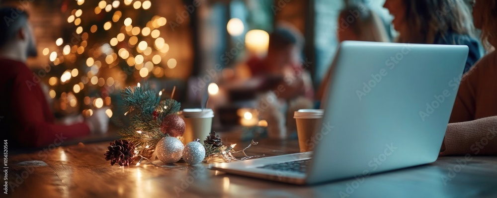 Open office space decorated for Christmas holidays with trees and ornaments, creating warm and festive atmosphere at workplace Open office space decorated for Christmas holidays with trees and ornaments, creating warm and festive atmosphere at workplace