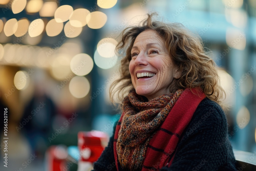 Happy smiling middle aged woman in winter clothes at street Christmas market in Paris Happy smiling middle aged woman in winter clothes at street Christmas market in Paris