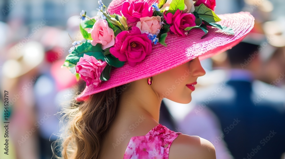 Obraz premium Horse racing fashion, woman wearing a fashionable colourful flower hat and fancy dress. Retro modern elegant sports event spring carnival, race track and horse background. Melbourne Cup in Australia.