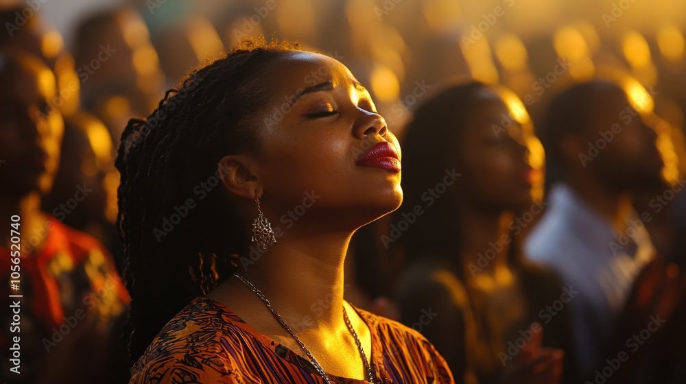 Joyful woman worships during evening service Joyful woman worships during evening service