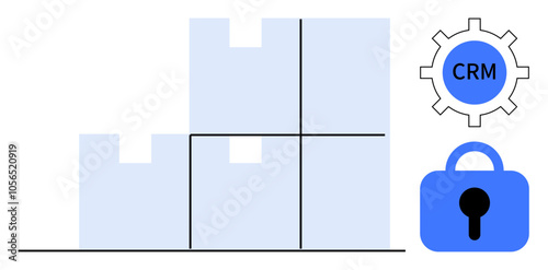 Multiple interconnected boxes next to a CRM gear icon and a security lock highlight data management themes. Ideal for data security, CRM systems, database management, data analytics, and IT