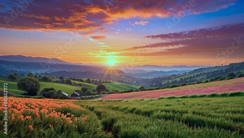 Serene Sunset with Blooming Flowers and Lush Greenery