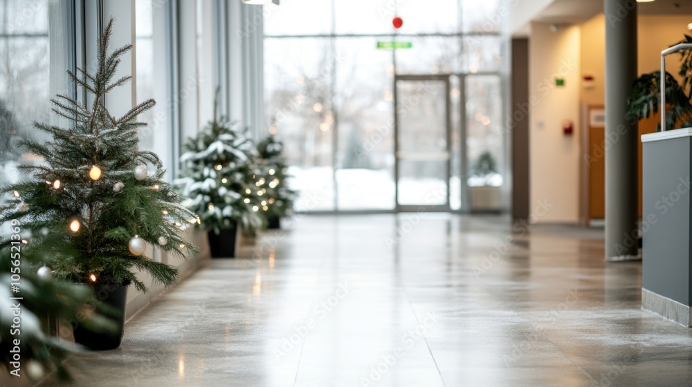 Open office space decorated for Christmas holidays with trees and ornaments, creating warm and festive atmosphere at workplace	