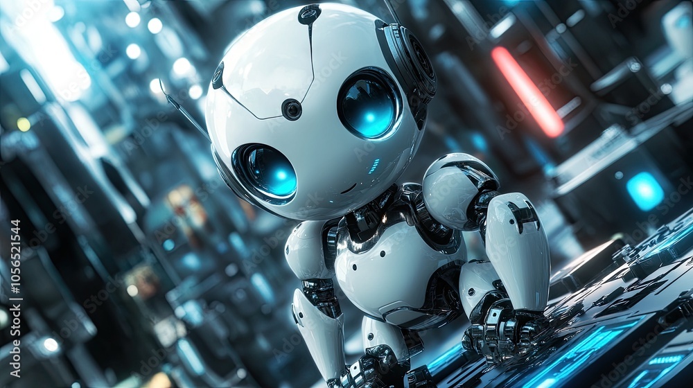 Fototapeta premium Cute anime robot with big, expressive eyes, set in a futuristic background.