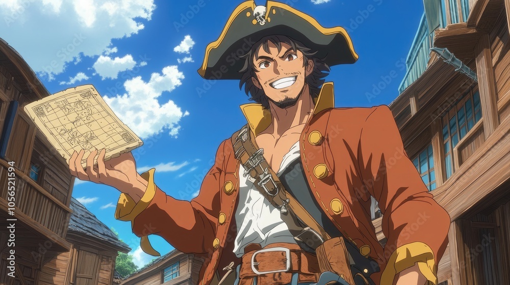 Fototapeta premium Daring anime pirate captain with a confident grin, holding a treasure map in one hand.