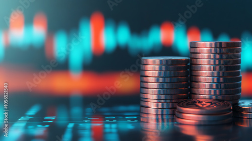 Stacks of coins on a blurred background representing financial growth and investment, highlighting the concept of wealth accumulation and market trends.