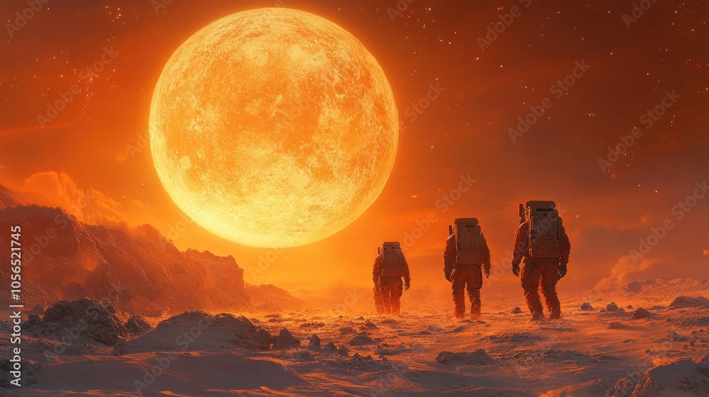 Fototapeta premium Astronauts exploring a distant planet under a bright orange sun