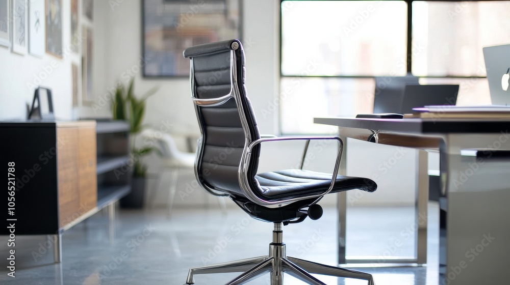 Modern Office Interior with Stylish Black Leather Chair Modern Office Interior with Stylish Black Leather Chair
