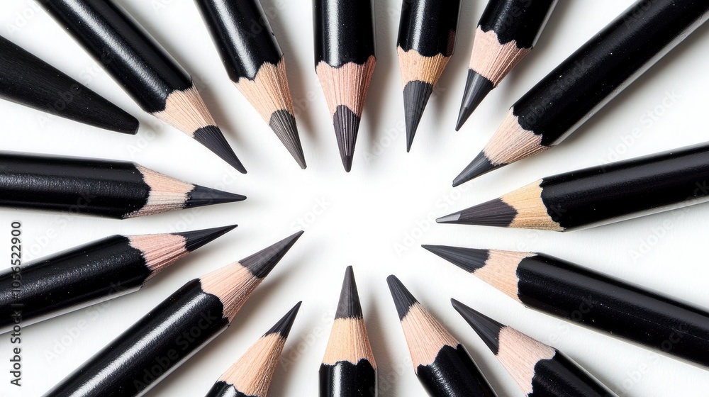 A perfectly symmetrical arrangement of black pencils forming a radial, geometric pattern on a white background for a sleek, artistic design. A perfectly symmetrical arrangement of black pencils forming a radial, geometric pattern on a white background for a sleek, artistic design.