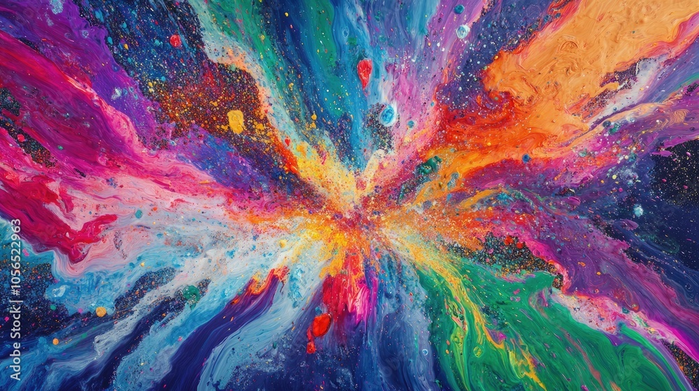 Explosive ink splatter in vivid rainbow colors, with swirling effects and fluid motion, creating an abstract visual of energy. Explosive ink splatter in vivid rainbow colors, with swirling effects and fluid motion, creating an abstract visual of energy.