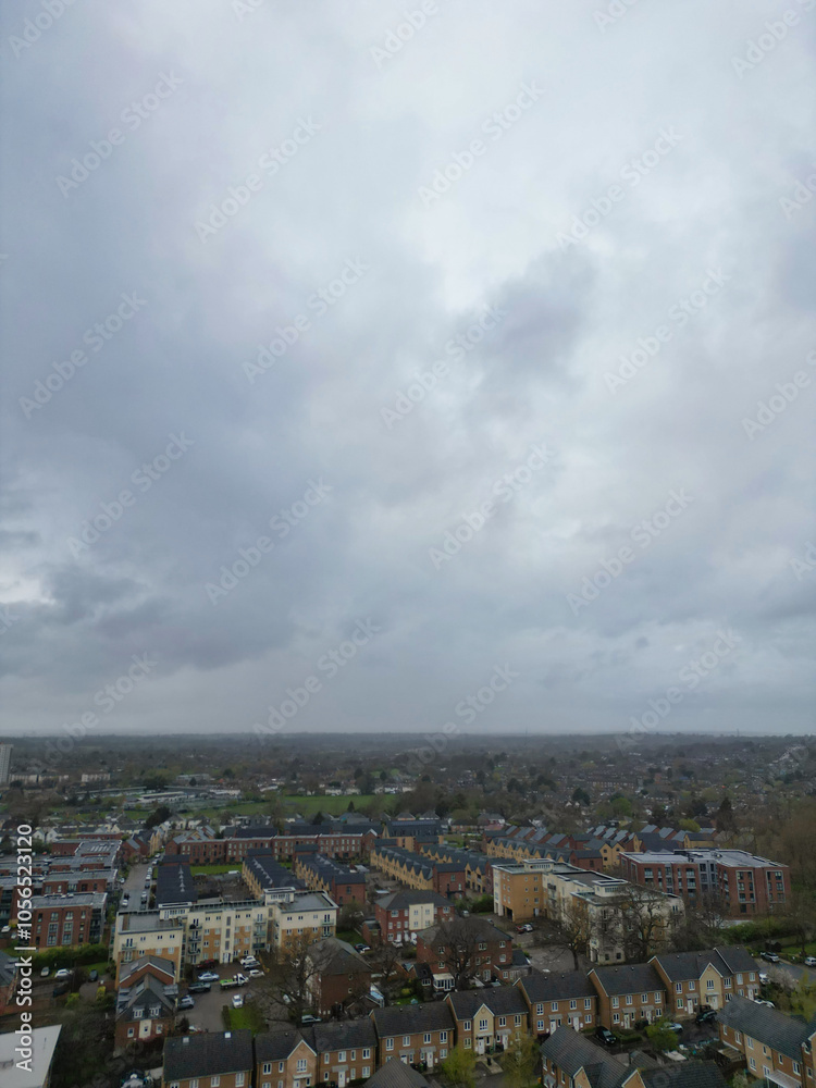 Obraz premium Aerial View of Central City Centre Elstree Uxbridge London City of England, Great Britain. It Was Rainy and Cloudy Day with Strong Winds over England, High Angle Drone's Camera Footage. April 4th, 24