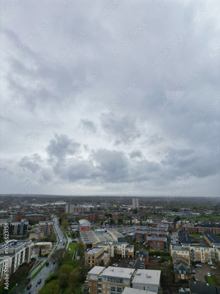 Aerial View of Central City Centre Elstree Uxbridge London City of England, Great Britain. It Was Rainy and Cloudy Day with Strong Winds over England, High Angle Drone's Camera Footage. April 4th, 24 Aerial View of Central City Centre Elstree Uxbridge London City of England, Great Britain. It Was Rainy and Cloudy Day with Strong Winds over England, High Angle Drone's Camera Footage. April 4th, 24