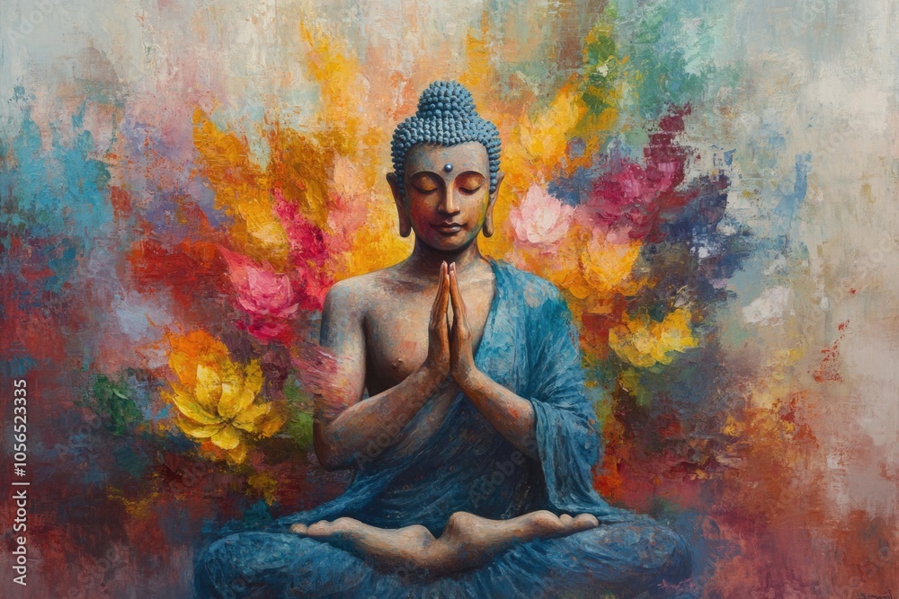 Buddha holding colorful lotus flower, oil painting Buddha holding colorful lotus flower, oil painting
