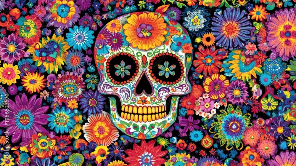 A radiant sugar skull covered in vivid blooms, showcasing the beauty Muertos celebrations. A radiant sugar skull covered in vivid blooms, showcasing the beauty Muertos celebrations.