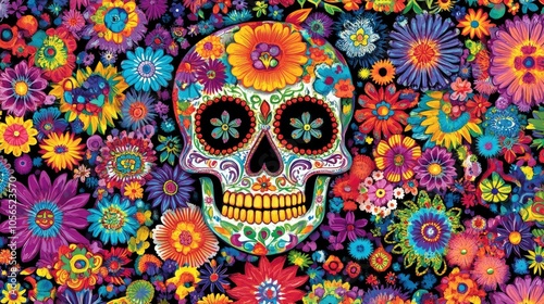 A radiant sugar skull covered in vivid blooms, showcasing the beauty Muertos celebrations.