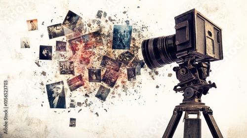 A vintage film camera positioned in front of a backdrop of blank white, photo