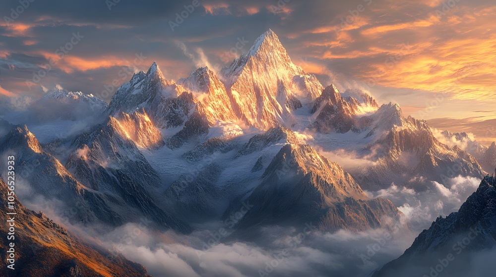 Breathtaking Views From Mangart Peak at Stunning Sunrise. Peaks Above Clouds.