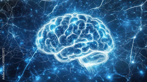 detailed digital illustration of a human brain showcasing vibrant electrical activity. The background is a rich blue, with bright flashes and lightning