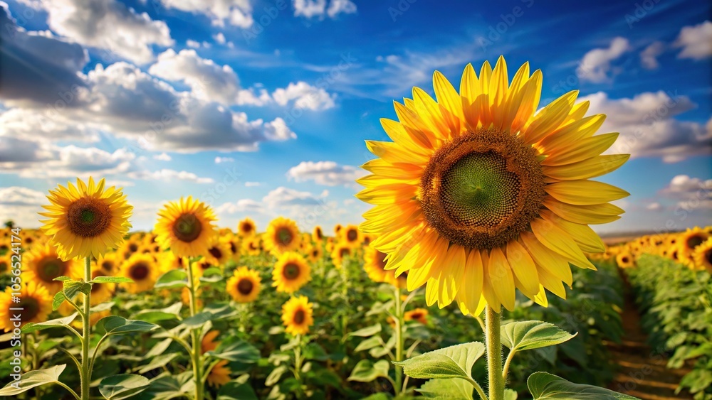 Bright yellow sunflower field with tall stalks stretching towards the sky, sunflowers, petals, landscape, countryside, outdoors Bright yellow sunflower field with tall stalks stretching towards the sky, sunflowers, petals, landscape, countryside, outdoors