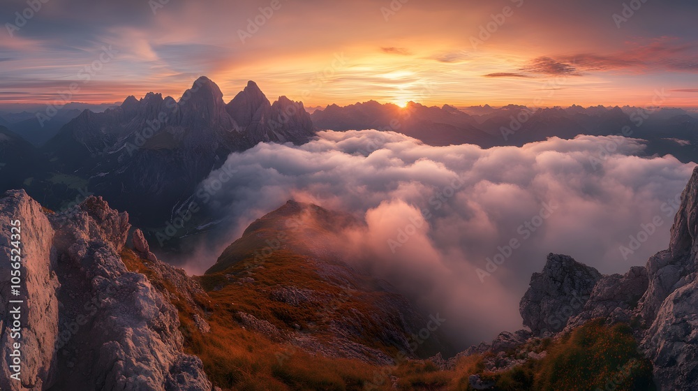 Obraz premium Breathtaking Views From Mangart Peak at Stunning Sunrise. Peaks Above Clouds.