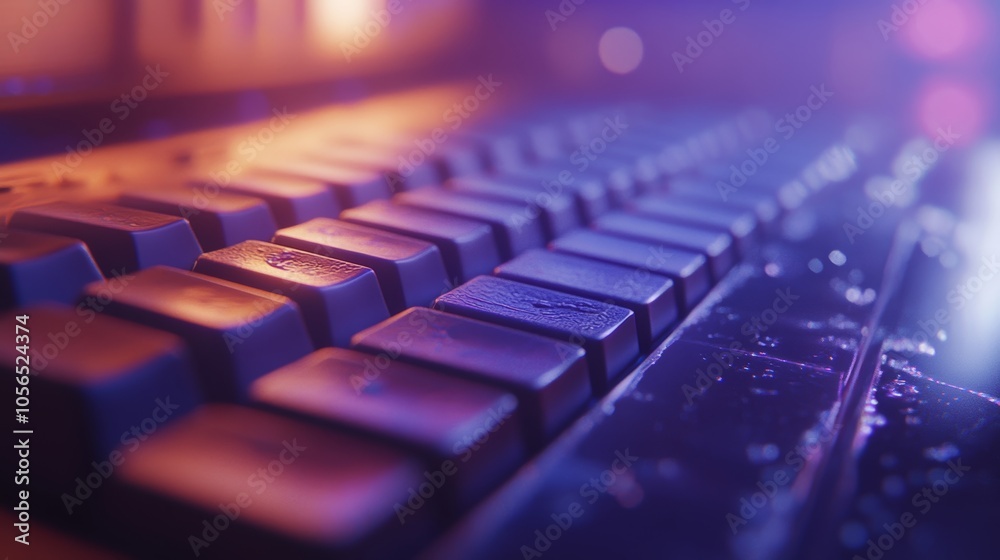 a close-up of the keyboard with glowing purple color a close-up of the keyboard with glowing purple color