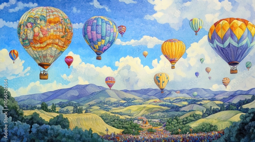 Fototapeta premium A whimsical scene of a colorful hot air balloon festival, where multiple hot air balloons are ascending into the sky.