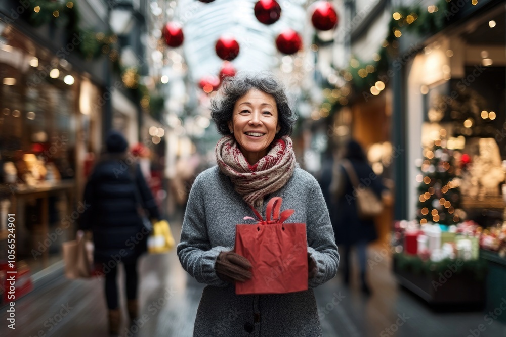 Happy smiling middle aged woman in winter clothes at street Christmas market in Paris Happy smiling middle aged woman in winter clothes at street Christmas market in Paris