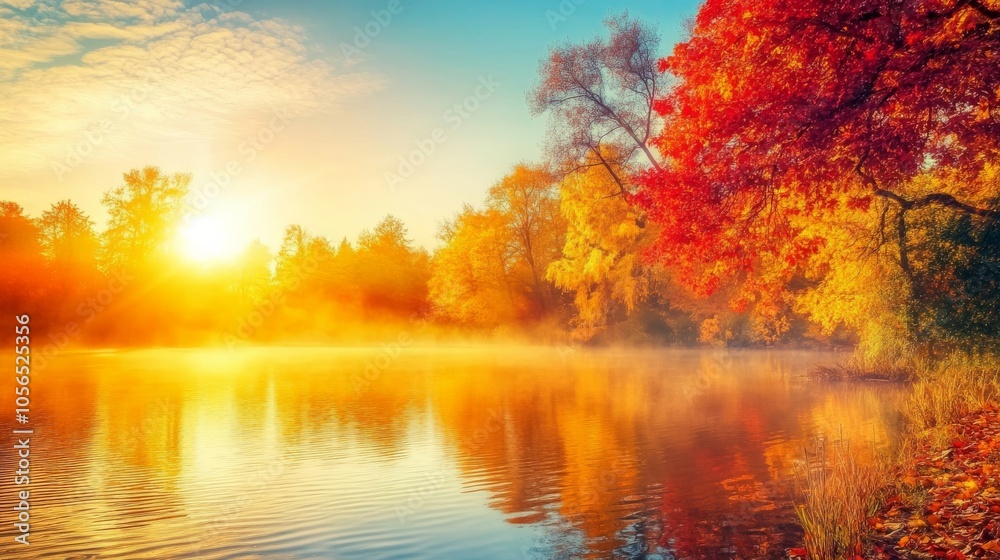 A picturesque autumn scene featuring vibrant trees reflected in a tranquil lake under a golden sunrise. A picturesque autumn scene featuring vibrant trees reflected in a tranquil lake under a golden sunrise.