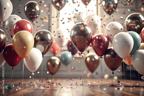 Colorful Balloons and Confetti in a Joyful Indoor Celebration Atmosphere at Daytime