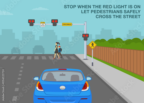 Safe driving tips and traffic regulation rules. Female character holds kid's hand while crosses the street on hawk crosswalk. Stop when the red light is on. Flat vector illustration template.