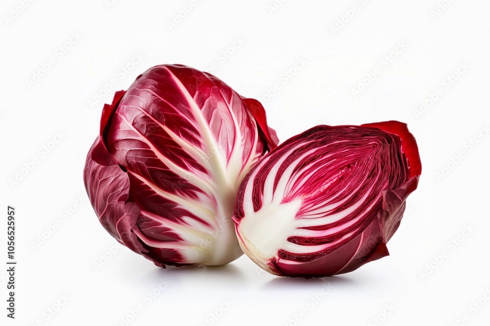 Obraz premium Radicchio or Italian chicory, radicchio and half cut, red salad isolated on white background