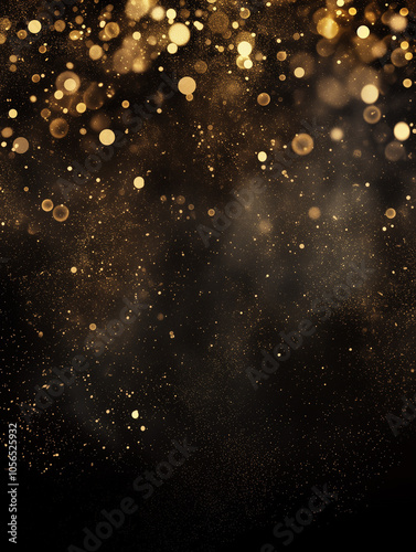 Festive vector background with gold glitter and confetti for christmas celebration. Black background with glowing golden particles.