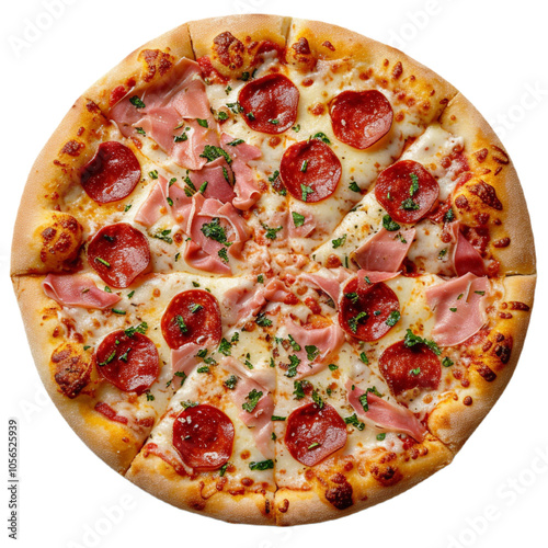 Pepperoni pizza with mozzarella cheese topping isolated on transparent background