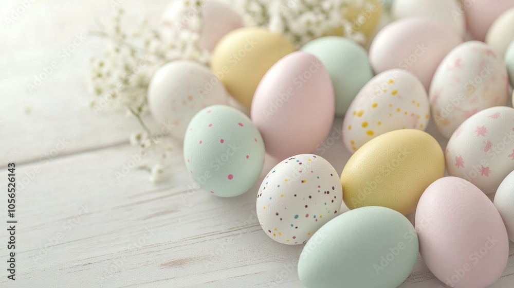 An artistic composition of Easter eggs of various sizes and colors displayed on a white wooden surface An artistic composition of Easter eggs of various sizes and colors displayed on a white wooden surface