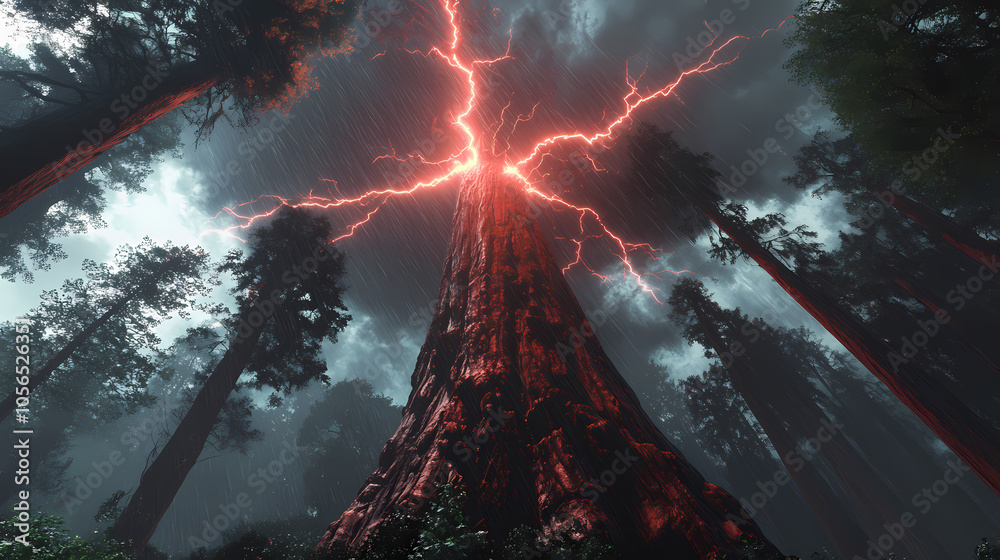 Red lightning bolt striking a giant redwood tree ai generated. Cloud Forest. Illustration Red lightning bolt striking a giant redwood tree ai generated. Cloud Forest. Illustration