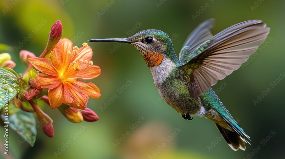 Hummingbird feeding on vibrant orange flower in a lush garden Hummingbird feeding on vibrant orange flower in a lush garden